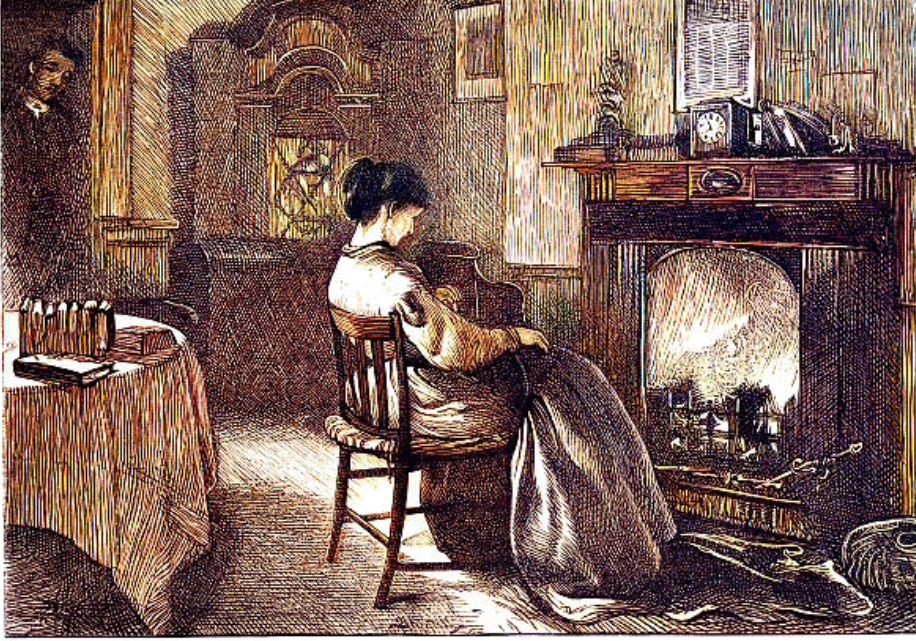 woman seated in front of open fire